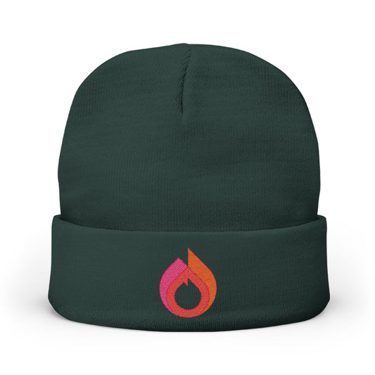 Flame Icon Embroidered Knit Beanie – Green