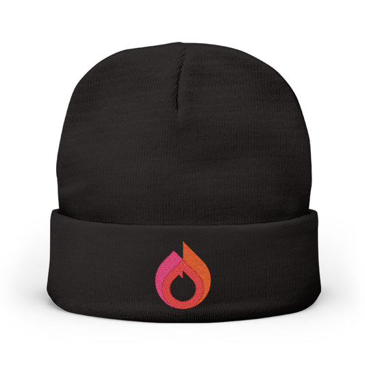 Flame Icon Embroidered Knit Beanie – Black