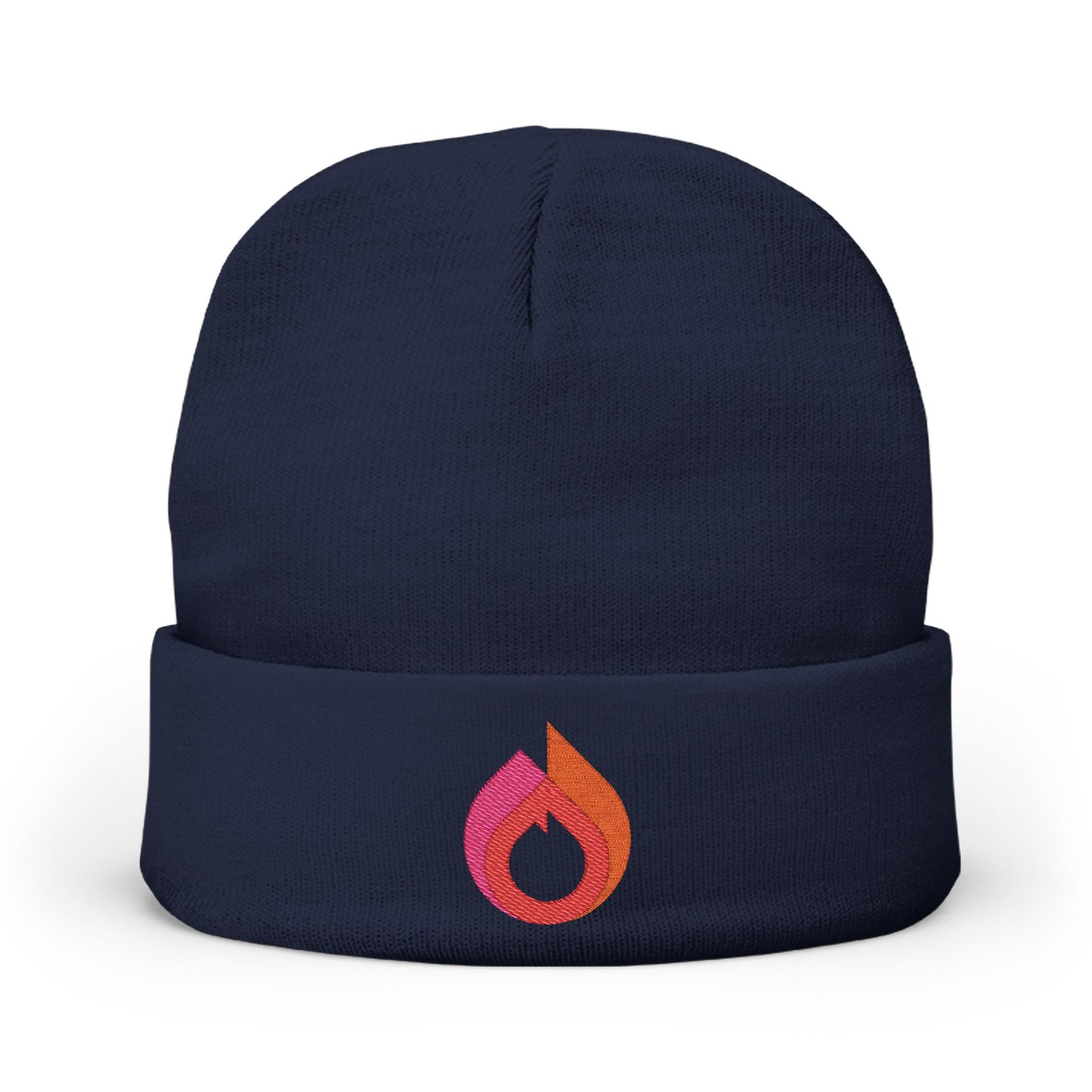Flame Icon Embroidered Knit Beanie – Navy