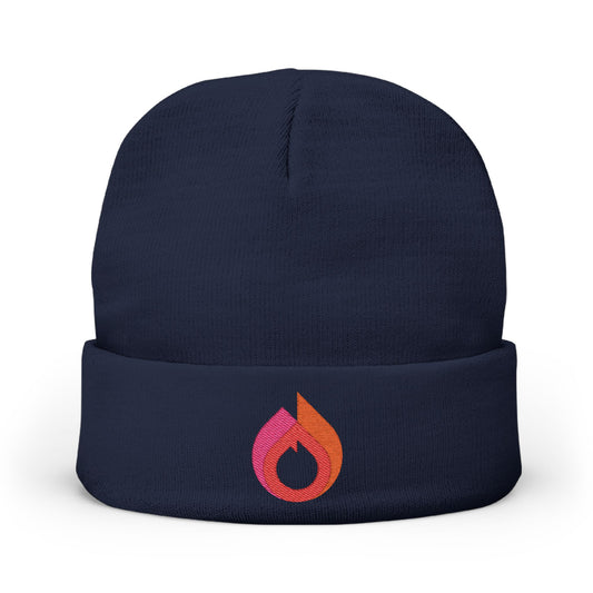 Flame Icon Embroidered Knit Beanie – Navy
